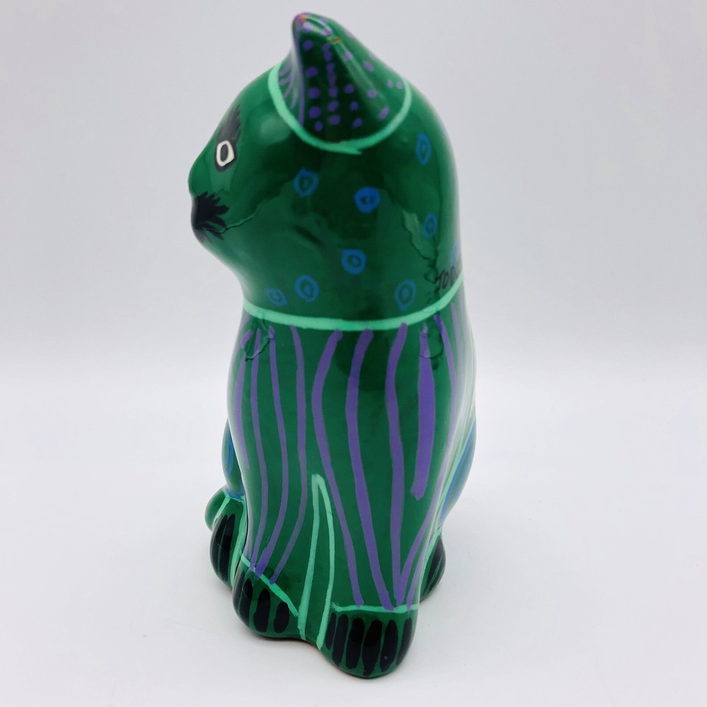 Talavera Cat Handmade & Hand Painted Mexican Art Pottery Green Sitting Eyelashes - Picture 3 of 7
